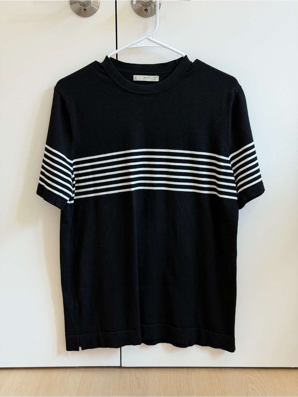 Mango Black Short-Sleeve Knit Shirt with White Stripes